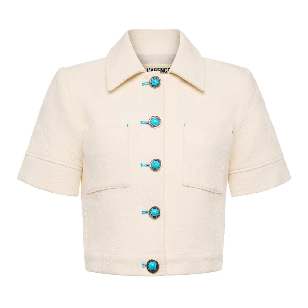 L'AGENCE Cream Short-Sleeve Blazer with Blue Accents